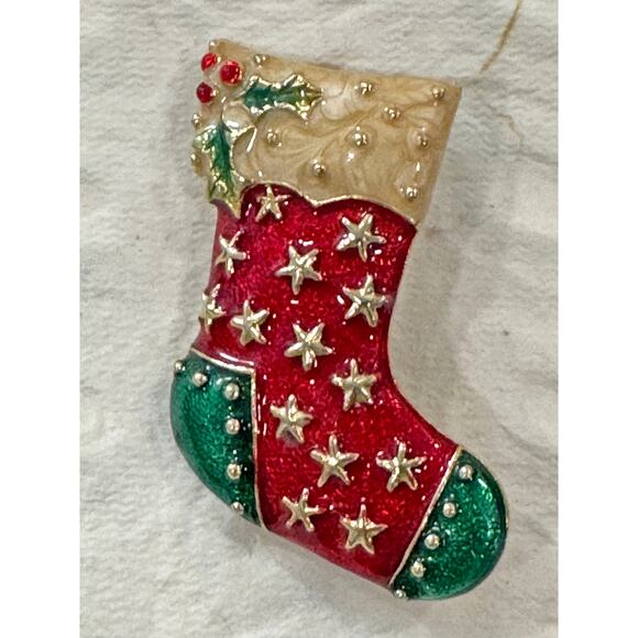 None Jewelry - Vintage Enamel Christmas Stocking Brooch Pin Red Green Gold Stars & Holly CP08